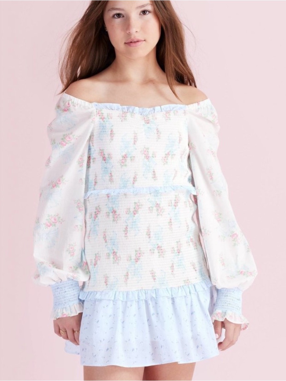 LoveShackFancy Juliet Ribbed Off-Shoulder Smocked Dress